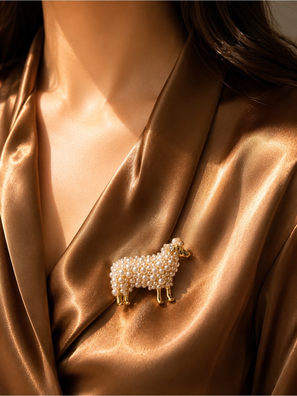 White Pearl accent Sheep Brooch - Gold & Cream/white tones - Picture 5 of 13